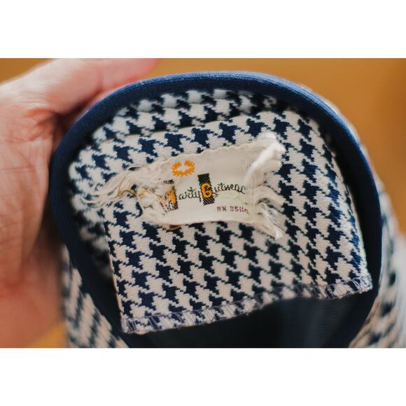 Vintage 60s navy white houndstooth blazer, classy mandarin collar, Pockets, sm - Picture 9 of 11